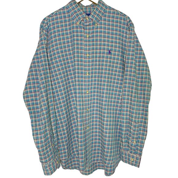 RALPH LAUREN Shirt Plaid Long Sleeve Button Down Oxford Casual Mens L Teal Green - Picture 2 of 9